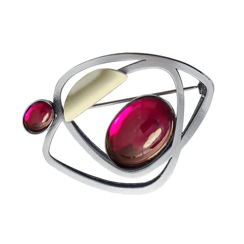 Christophe Poly Abstract Overlapping Silver Ovals Red Brooch
