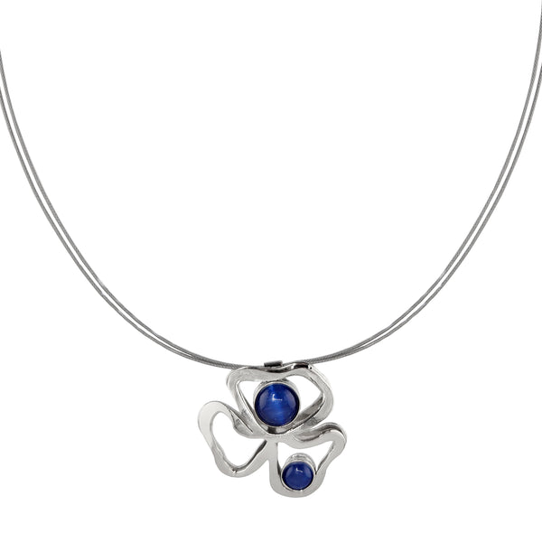 Christophe Poly Silver Blue Abstract Floral Pendant Necklace