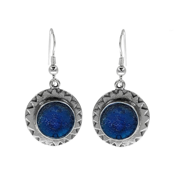 Israeli Deep Blue Roman Glass Sterling Silver Sun Burst Earrings