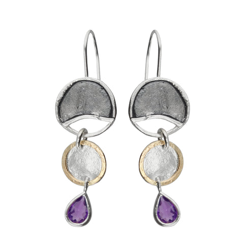 Israeli Dganit Hen Amethyst Gold Silver Triple Drop Earring