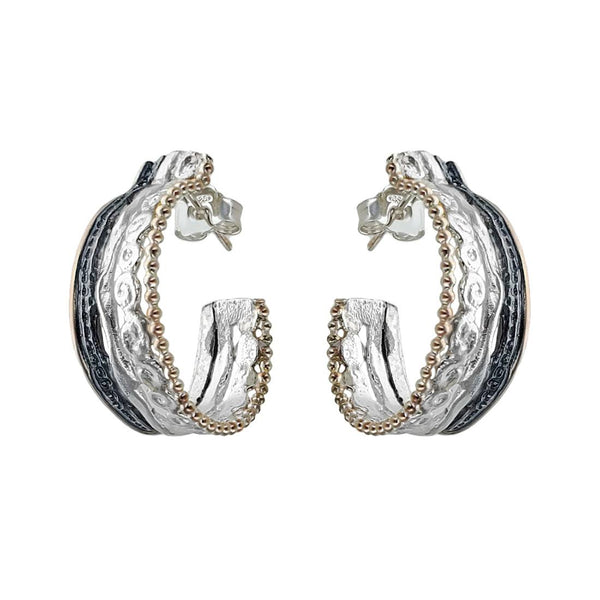 Israeli Dganit Hen Gold Silver Textured Strands Hoop Post Earrings