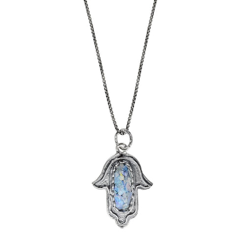 Israeli Iridescent Roman Glass Hamsa Protection Necklace 