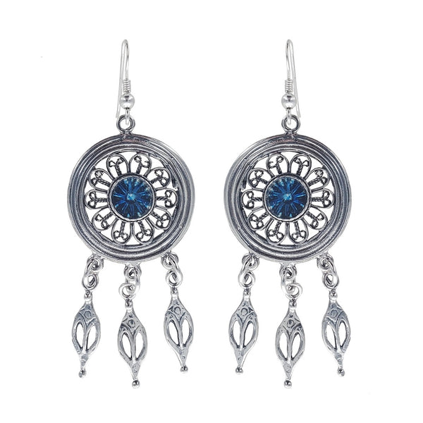 Israeli Roman Glass Filigree Triple Dangle Earrings