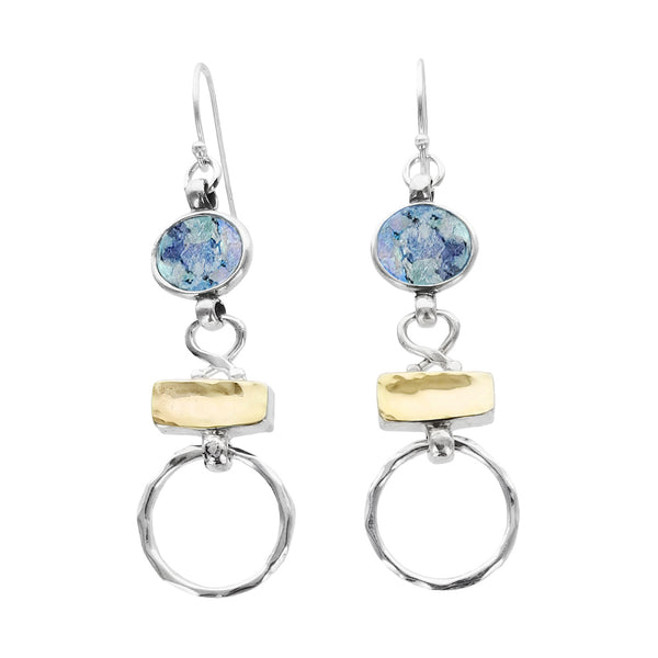 Israeli Roman Glass Hoop Silver Gold Earrings