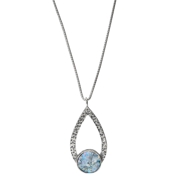 Israeli Roman Glass Textured Teardrop Necklace