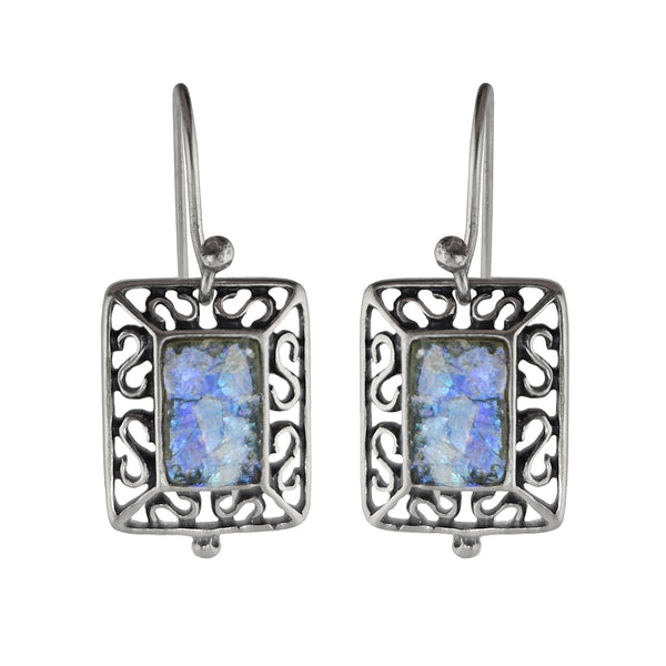 Israeli Scrolling Filigree Framed Blue Roman Glass Earrings