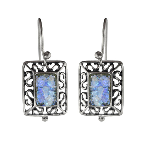 Israeli Scrolling Filigree Framed Blue Roman Glass Earrings