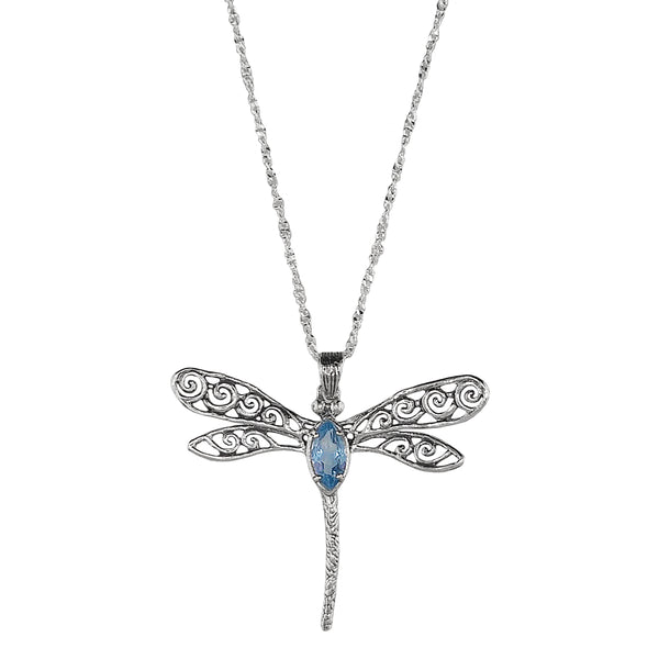 Israeli Wings of Tranquility Filigree Dragonfly Blue Topaz Necklace