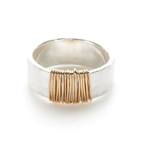 J & I Hammered Sterling Gold Wrap Ring