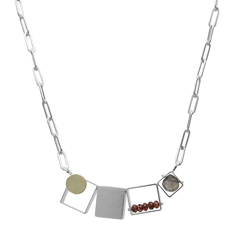 Ashka Dymel Mixed Metal Garnet Labradorite Horizontal Cubes Necklace