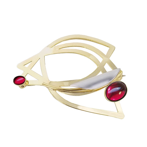Christophe Poly Gold Leaves Pin with Red and Silver