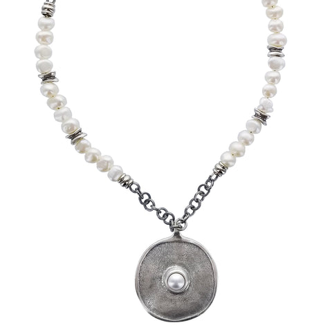 Israeli Disc Pendant Pearl Chain Anava Necklace