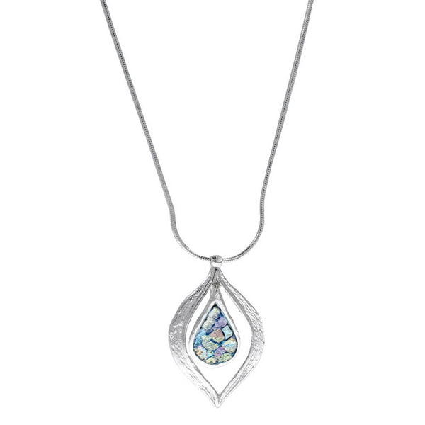 Israeli Sterling Marquise Roman Glass Teardrop Necklace