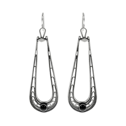 Israeli Yemenite Filigree Black Onyx Open Teardrop Hoop Earrings