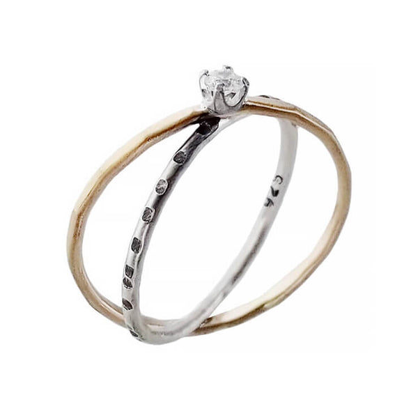  J and I Gold Silver Crisscross CZ Bands Ring
