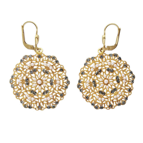 La Vie Parisienne Snowflake Filigree Pearl Crystal Earrings