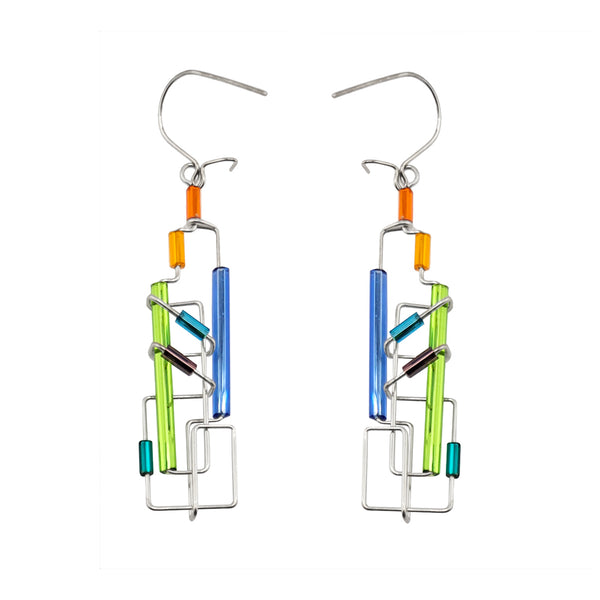 Barbie Levy Green Blue Orange Architectural Stacked Rectangle Earrings 