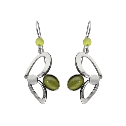 Christophe Poly Green Oval Double Silver Petals Earrings