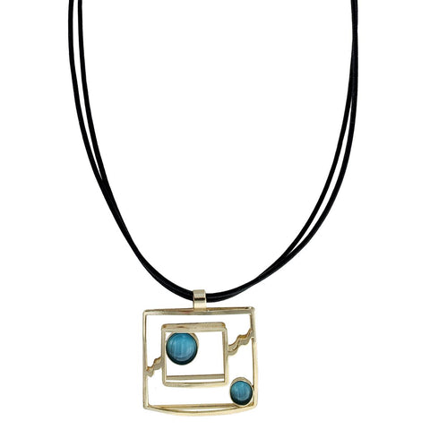 Christophe Poly Open Squares Teal Blue Leather Necklace