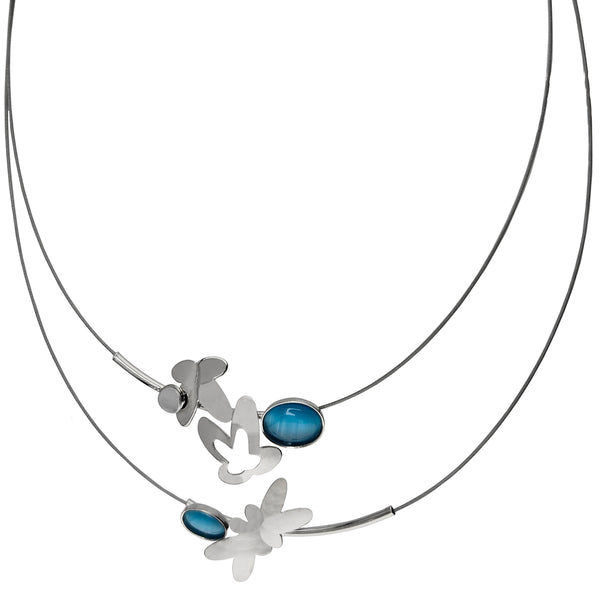 Christophe Poly Silver Petals Double Wire Blue Necklace 