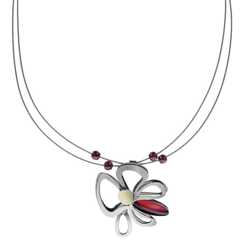 Christophe Poly Silver Red Flower Blossom Necklace