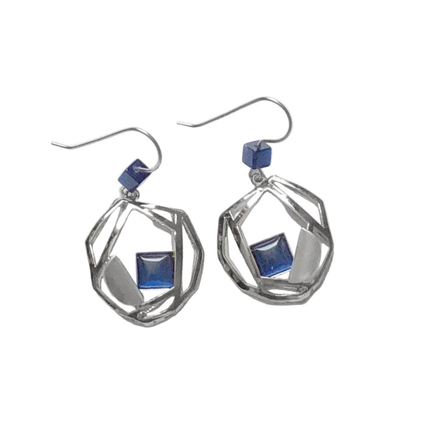 Christophe Poly Silver Web With Rich Blue Squares Earrings