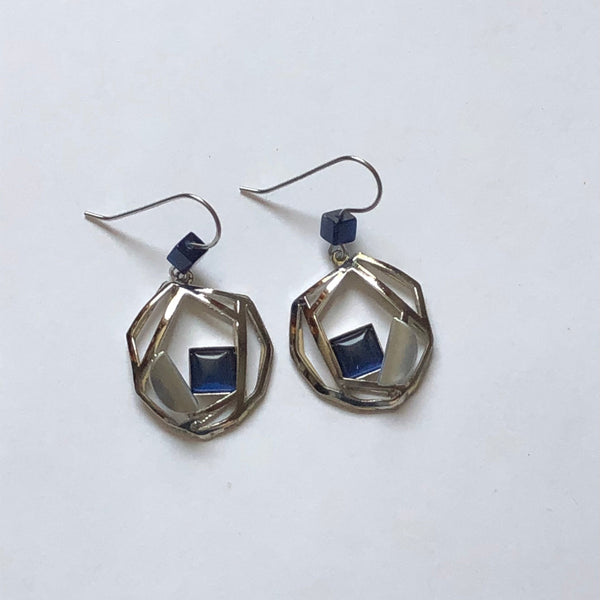Christophe Poly Silver Web With Rich Blue Squares Earrings