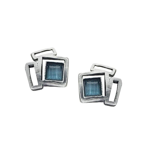  Christophe Poly Tiny Silver Square Rectangles Blue Post Earrings