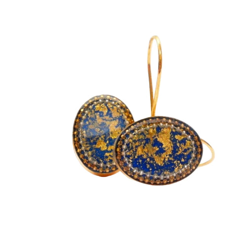Israeli Aegean Blue Gold Dust Oval Earrings 