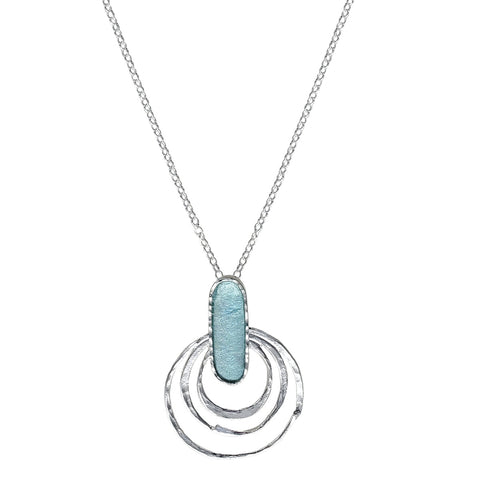 Israeli Aqua Roman Glass Silver Hoops Necklace