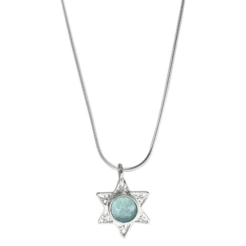  Israeli Aqua Roman Glass Star Of David Necklace