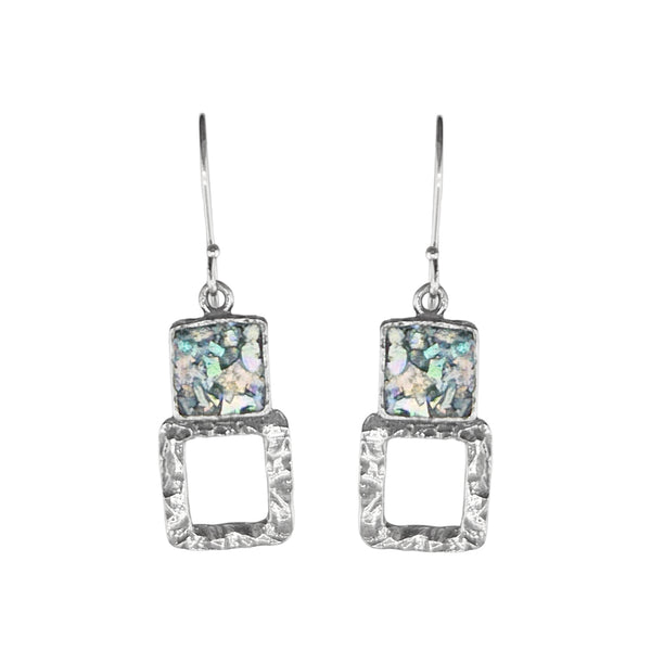 Israeli Blue Roman Glass Ancient Light Open Frame Earrings