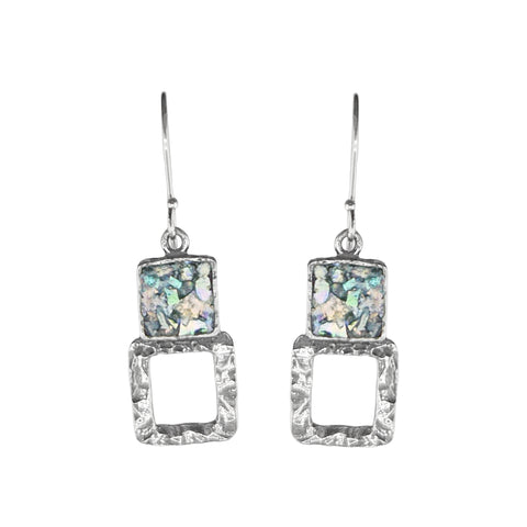 Israeli Blue Roman Glass Ancient Light Open Frame Earrings