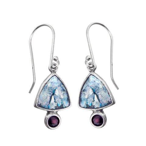 Israeli Blue Roman Glass Garnet Triangle Earrings 