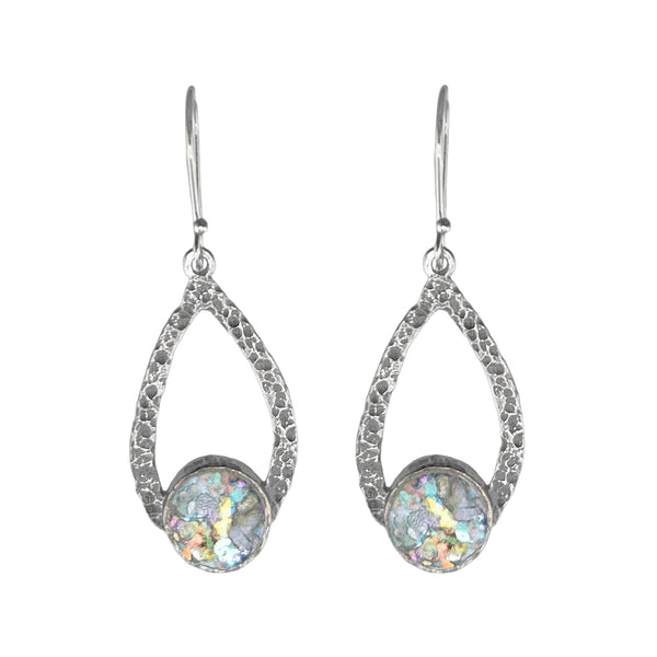 Israeli Blue Roman Glass Teardrop Reflection Earrings