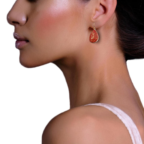 Israeli Bold Red Luminous Gold Teardrop Earrings On
