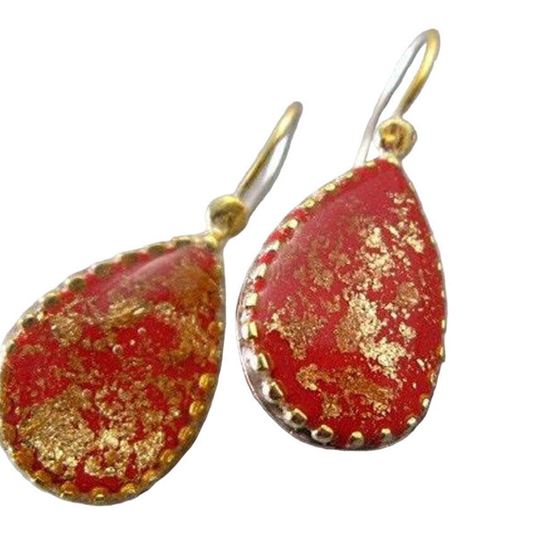 Israeli Bold Red Luminous Gold Teardrop Earrings