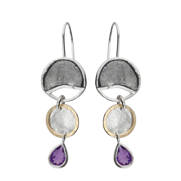 Israeli Dganit Hen Amethyst Gold Silver Triple Drop Earring 