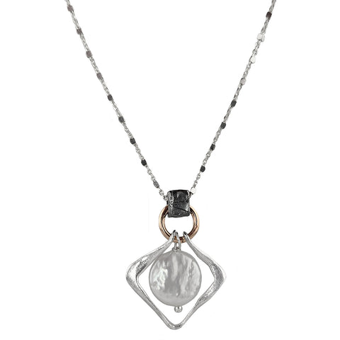 Israeli Dganit Hen Glowing Moon Pearl Sterling Framed Pendant Necklace
