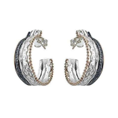 Israeli Dganit Hen Gold Silver Textured Strands Hoop Post Earrings