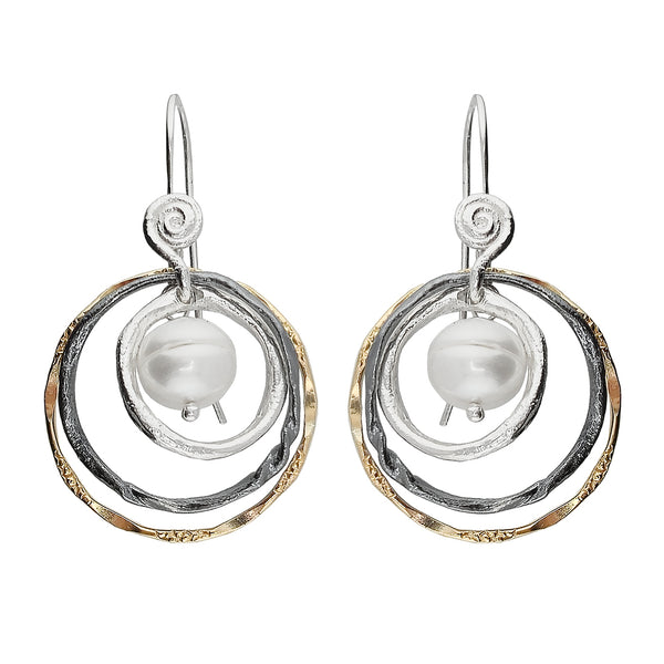 Israeli Dganit Hen Silver Gold Pearl Triple Hoop Earrings