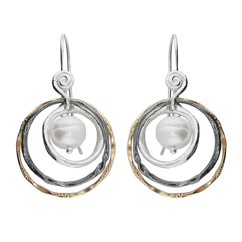 Israeli Dganit Hen Silver Gold Pearl Triple Hoop Earrings