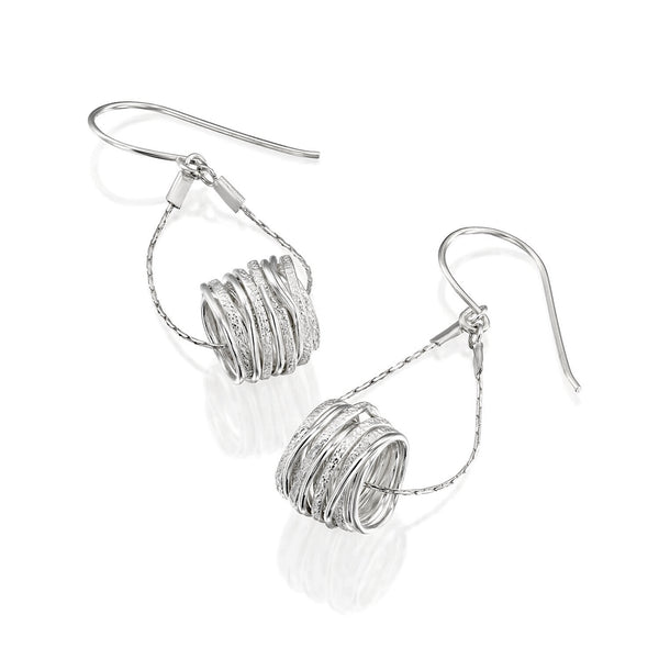 Israeli Interwoven Silver Sparkle Cylinder Swing Earrings