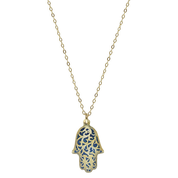 Israeli Minimalist Blue Filigree Hamsa Necklace