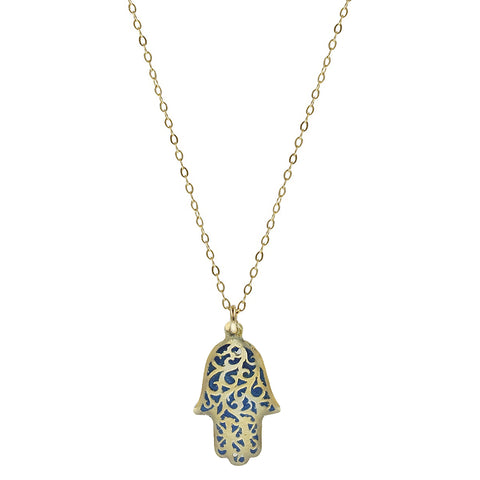 Israeli Minimalist Blue Filigree Hamsa Necklace