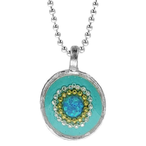 Israeli Minimalist Blue Opal Pools Pendant Necklace Closer View