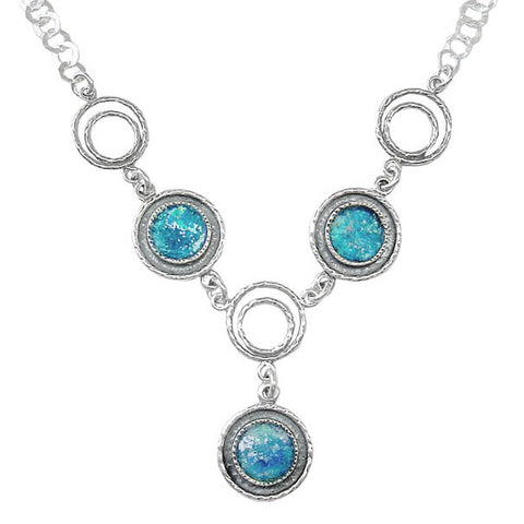 Israeli Roman Glass Circles Blue Pools Drop Necklace