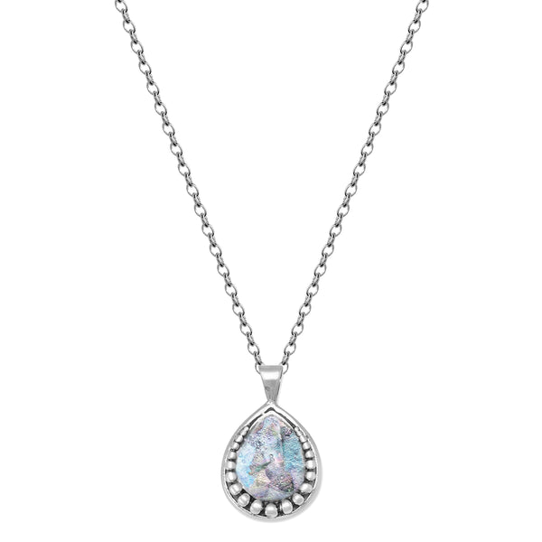 Israeli Roman Glass Desert Sky Teardrop Necklace