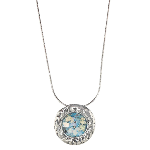 Israeli Roman Glass Domed Textured Pendant Necklace