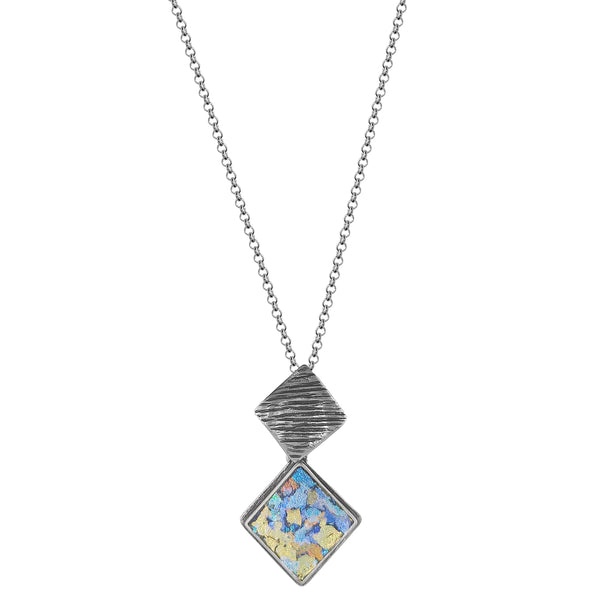 Israeli Roman Glass Double Diamond Drop Necklace 